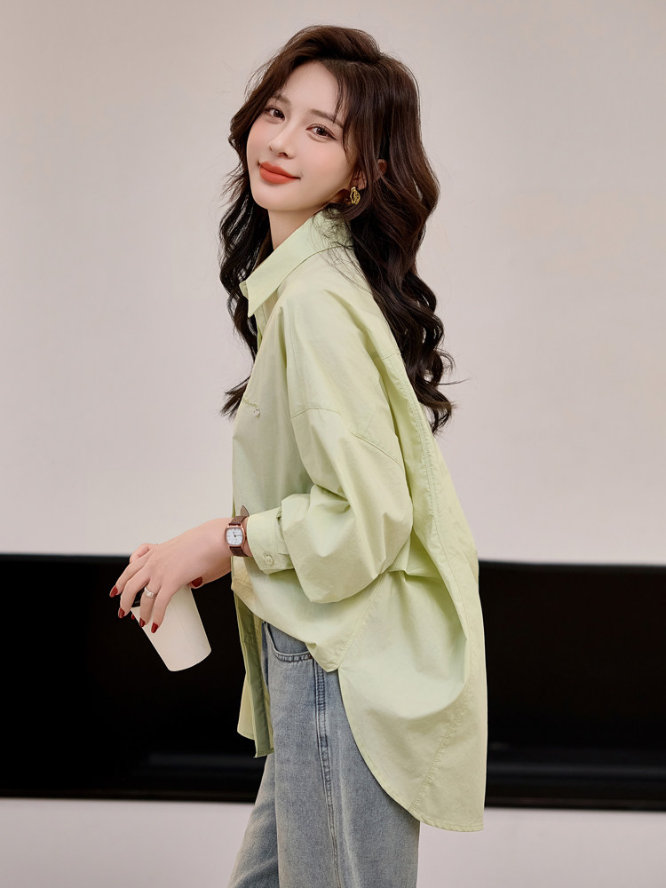 2025春装新款衬衣浅绿色宽松衬衫外套别致漂亮纯棉上衣女,女装衬衫,梦懿尔