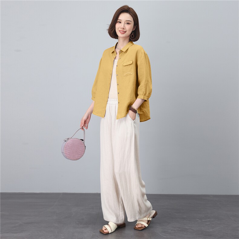 棉麻套装女2026年新款夏装搭配一整套中年妈妈阔腿裤装亚麻两件套，女装套装/套裙，涵誉