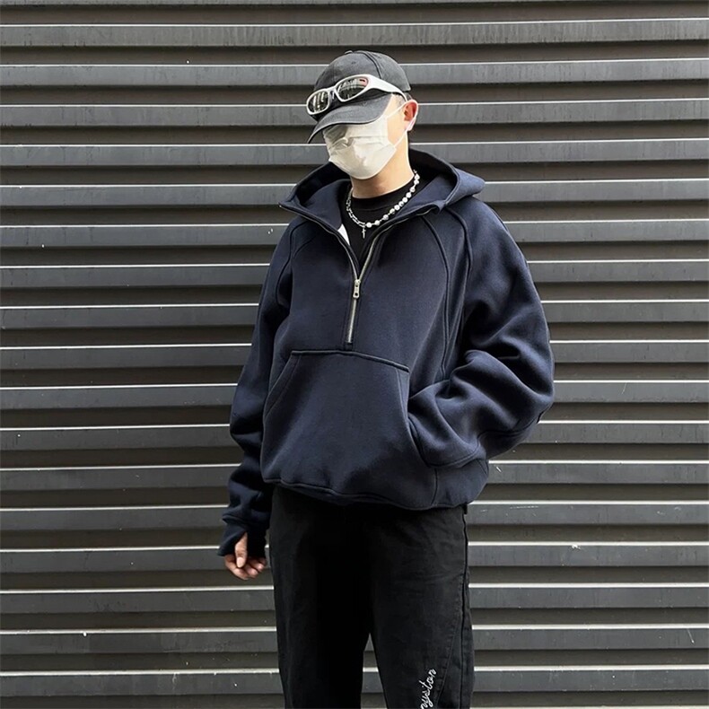 抖音得物二开美式重磅宽松结构拉链设计防风高领连帽卫衣外套W76,男装卫衣,电商A486