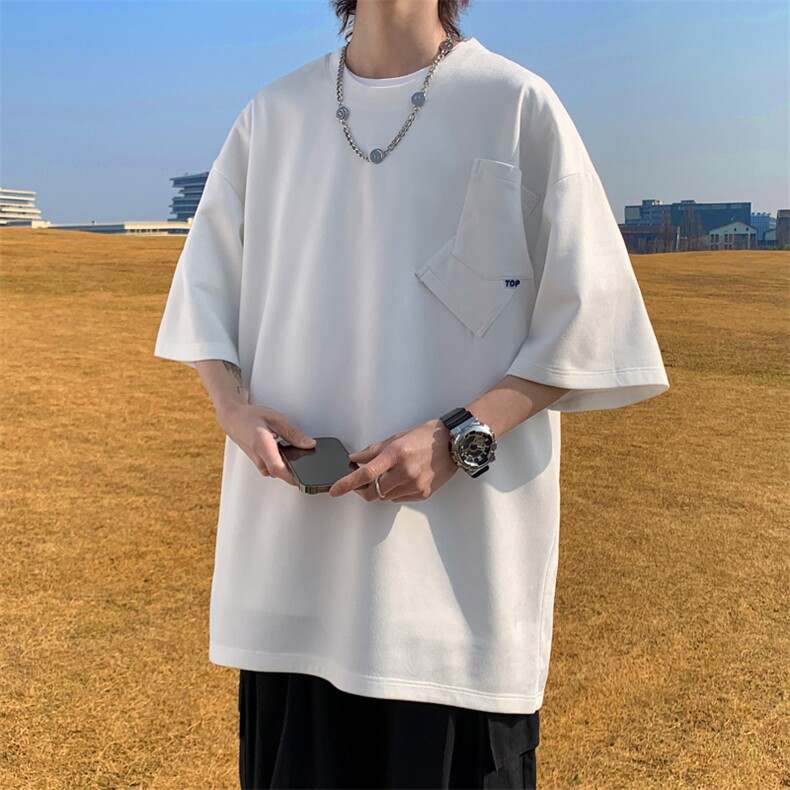 240克麂皮绒短袖T恤大码宽松拼接口袋情侣T恤109-T23610-P28,男装T恤,星座109