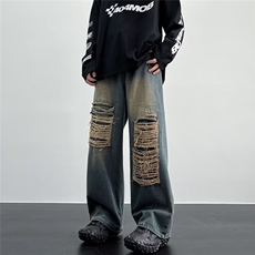 2023新款破洞牛仔裤男夏季美式嘻哈潮牌阔腿裤B3008P46，男装牛仔裤，星座1116-2