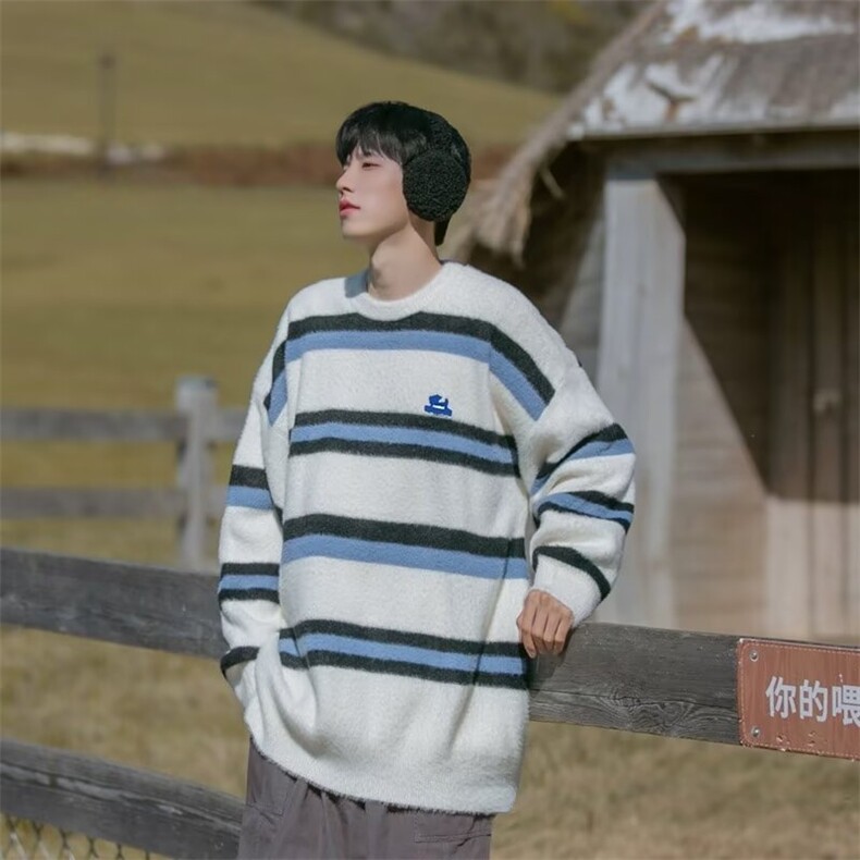 秋冬季情侣装毛衣男女同款外套加厚慵懒宽松条纹仿水貂绒针织衫,男装针织衫/毛衣,星座218-1（原230）