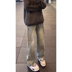 美式高街vibe裤子男秋季浅蓝色抽绳牛仔裤阔腿宽松弯刀直筒微喇裤，男装牛仔裤，星座601-1