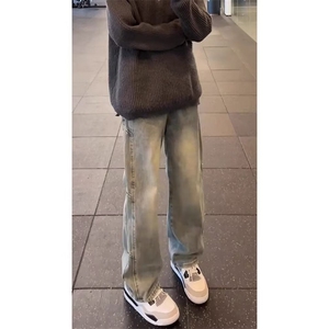 美式高街vibe裤子男秋季浅蓝色抽绳牛仔裤阔腿宽松弯刀直筒微喇裤图片