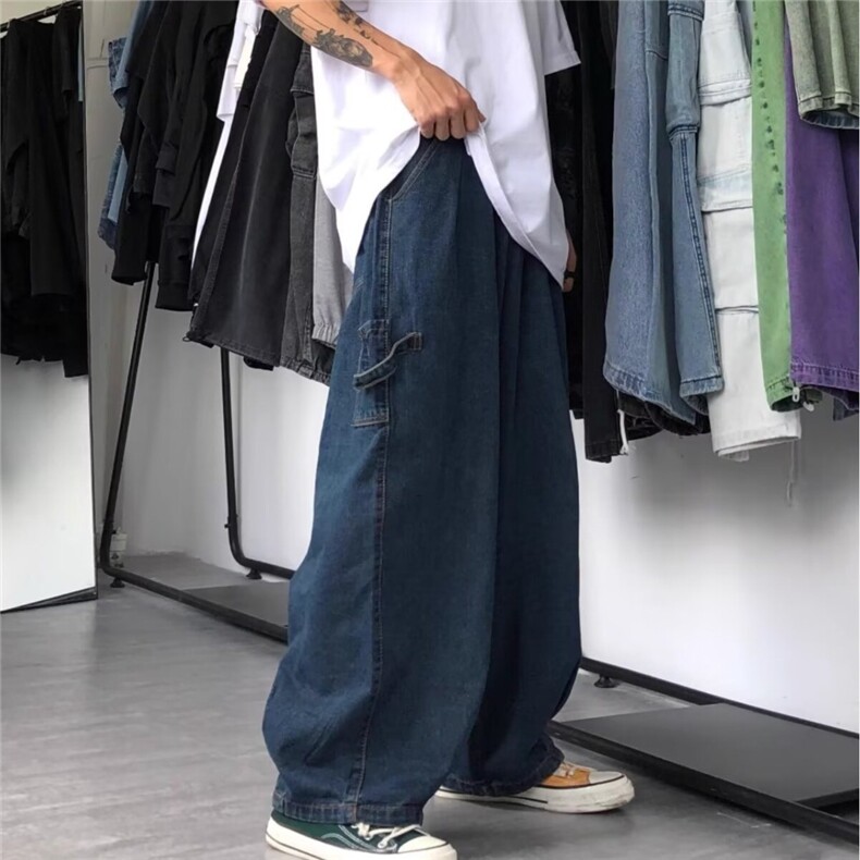 日系复古潮牌工装牛仔裤男宽松阔腿休闲裤嘻哈潮流拖地老爹裤子潮图片