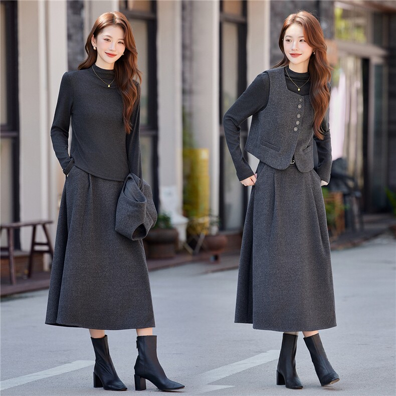 2025年秋季女时尚气质马甲针织打底衫温婉潮流修身半身裙三件套装，女装套装/套裙，艾贝斯