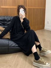 连帽毛衣女秋冬2024新款条纹慵懒风针织衫连衣裙，女装连衣裙，思途羊绒