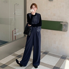 牛仔套装女2025秋季新款巨好看的韩系休闲打底衫马甲阔腿裤三件套，女装套装/套裙，2D075