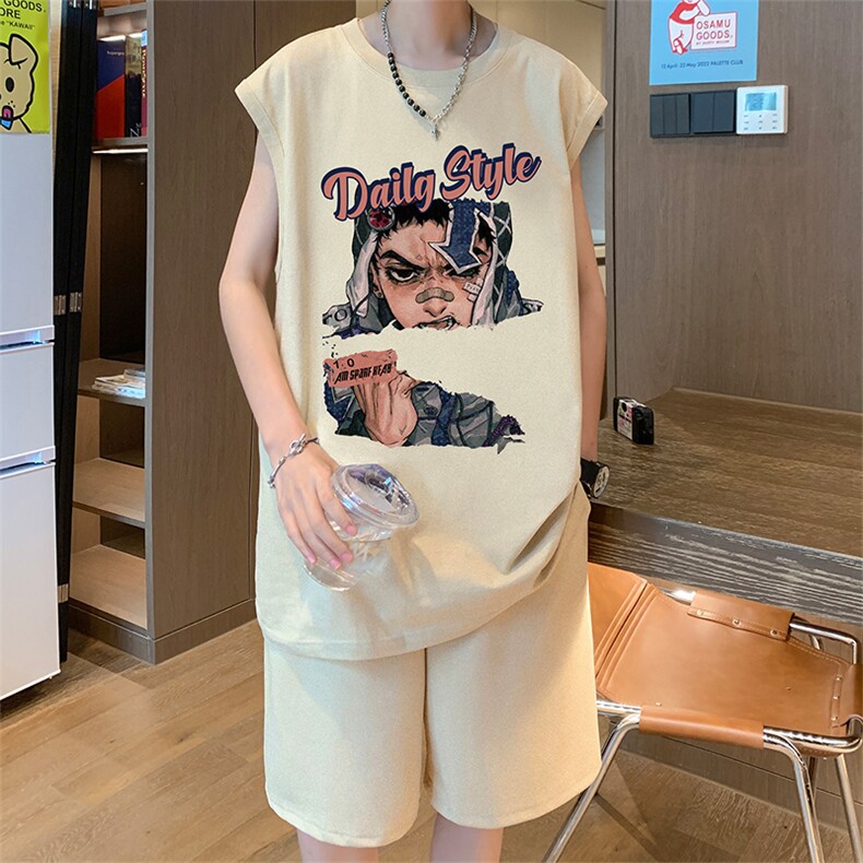 直播品质美式宽松纯棉背心无袖t恤短裤大码两件套套装TZ13-P58,男装T恤,电商A486