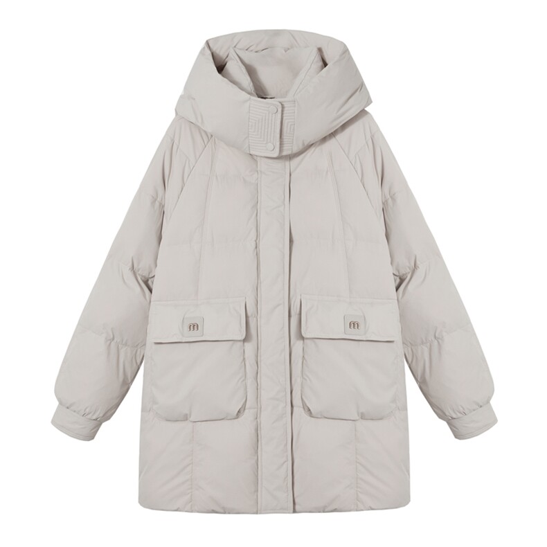 立领连帽羽绒服女中长款2024冬季新款宽松休闲加厚保暖面包服外套,女装羽绒服,悦祺