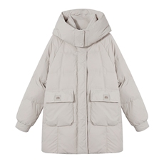 立领连帽羽绒服女中长款2024冬季新款宽松休闲加厚保暖面包服外套，女装羽绒服，悦祺