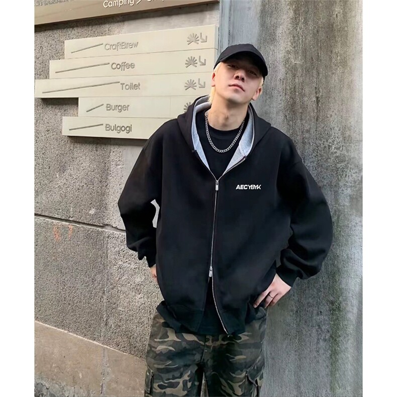 抖音得物高品质秋冬美式重磅宽松结构双面连帽印花卫衣外套AW6802,女装短外套,电商A443