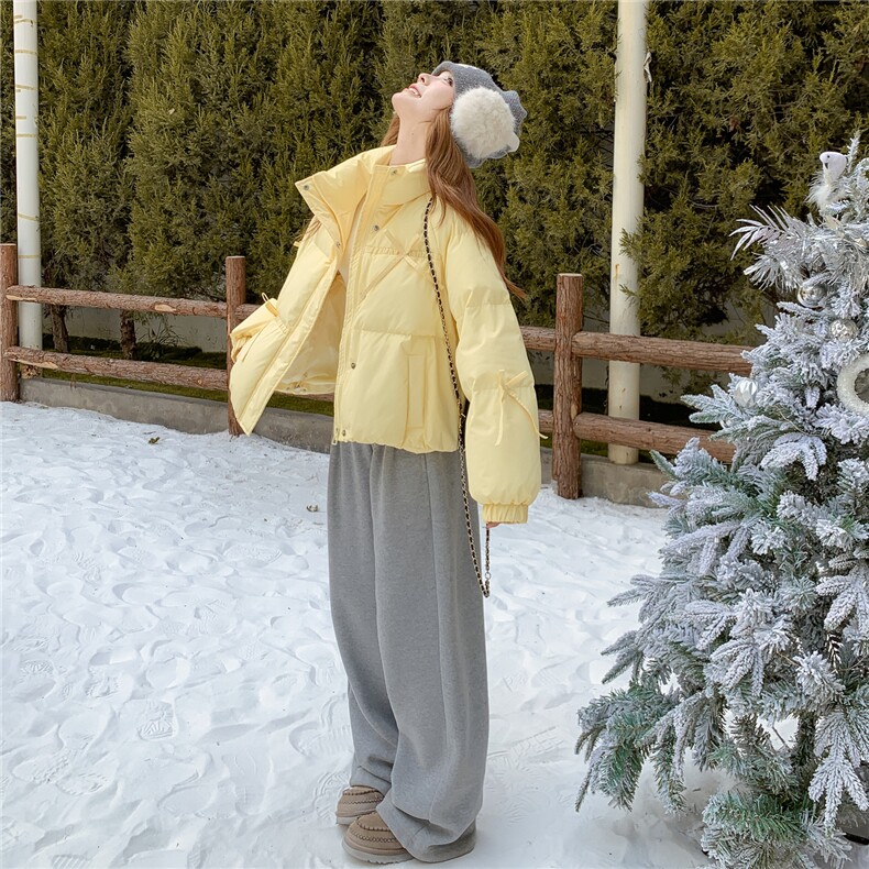 奶黄色短款羽绒服女2025新款冬季白鸭绒小个子立领休闲面包服保暖,女装羽绒服,2C218