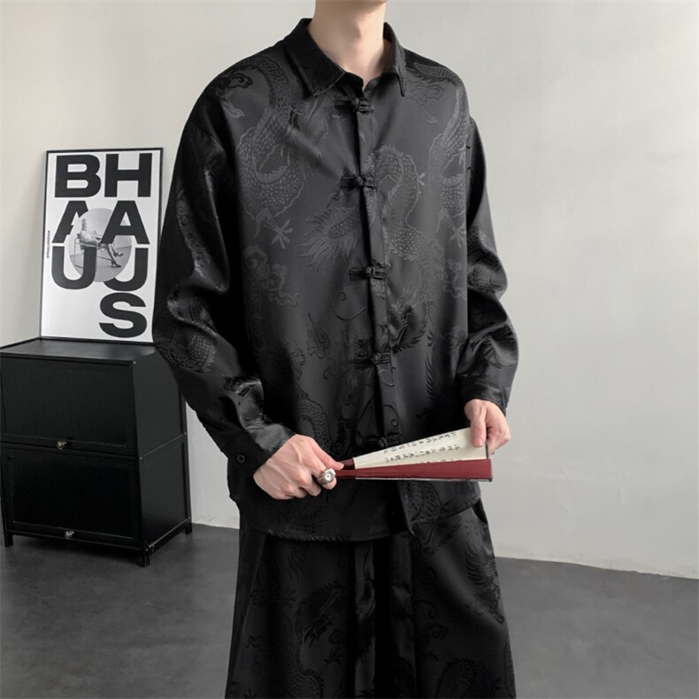 2025秋冬新款龙纹长袖衬衫外套厚款新中式盘扣唐装汉服2536-P60，男装衬衫，电商A057
