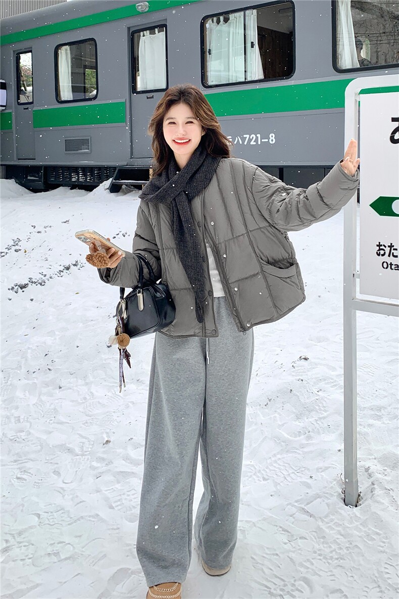 慵懒风时尚短款羽绒服女2025冬季新款灰色加厚宽松保暖面包服外套,女装羽绒服,2C126