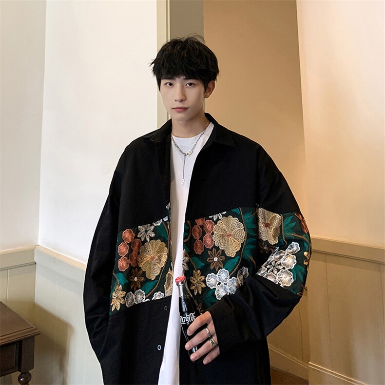 港风长袖衬衣男情侣大码M-5XL中性风刺绣潮长袖衬衫男CS9743P50,男装衬衫,星座227-7
