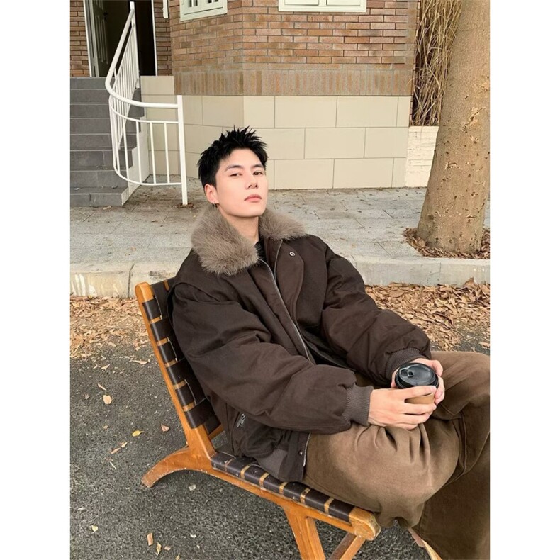 现货棕色翻领宽松休闲夹棉夹克男M275/P100,男装夹克,星座205-3