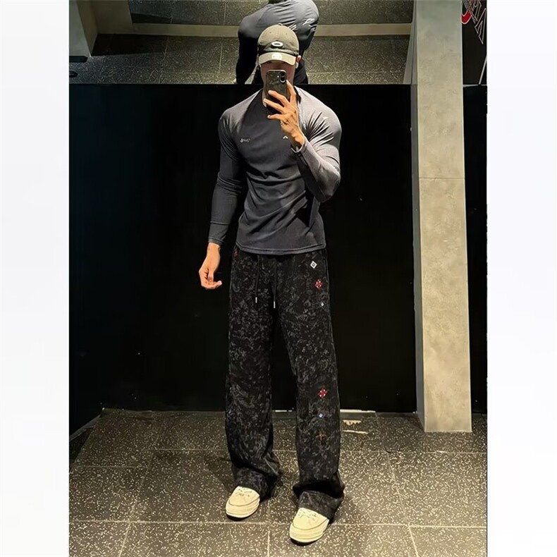 美式扎染刺绣弯刀卫裤男春秋健身运动阔腿裤子直筒垂感脏脏裤,男装休闲裤,星座506A