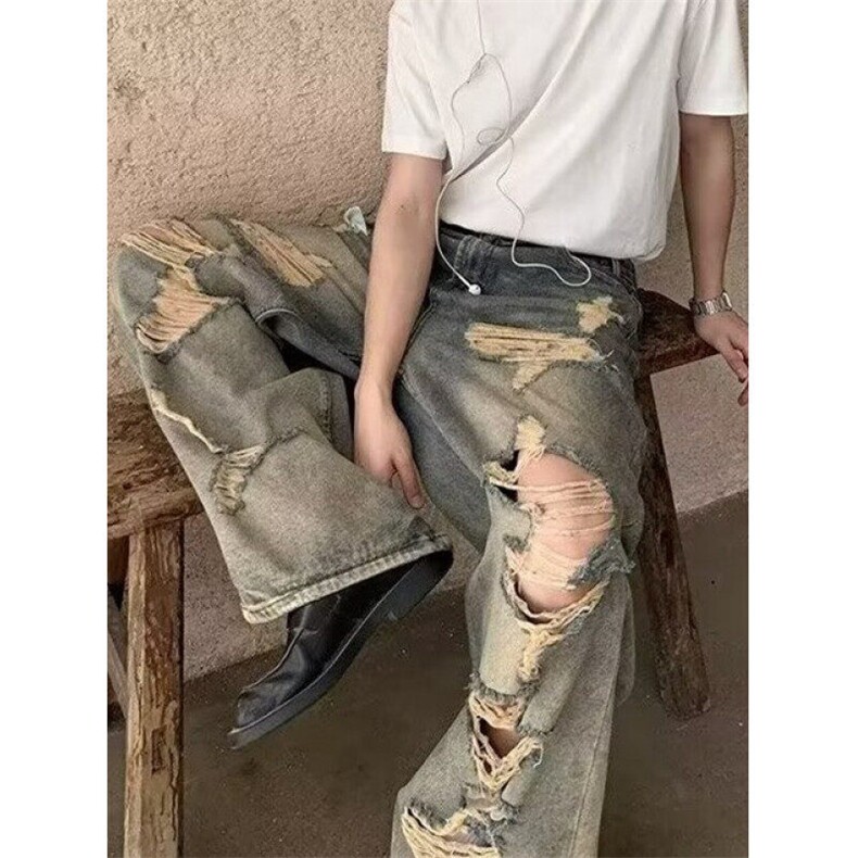 美式复古法工蓝弯刀工装裤潮cleanfit直筒微喇牛仔裤N695,男装牛仔裤,星座1116A（原606A-3）