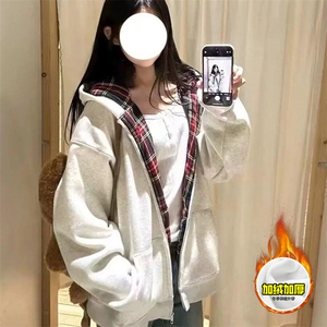 480G重磅加绒硬挺boxy男女秋冬美式高街假两件格子卫衣开衫厚外套,女装短外套,电商A486