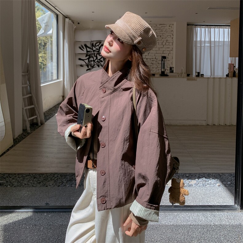美拉德咖色工装风衣短外套女春秋2025新款学院风流行减龄小个子,女装短外套,2C275