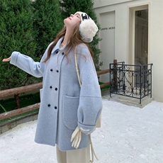 蓝色双面羊毛大衣女中长款秋冬新款韩系小个子学院风减龄毛呢外套，女装毛呢外套，韩然一族