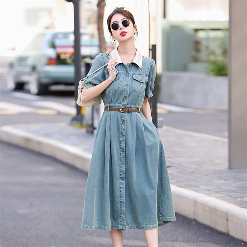 短袖牛仔连衣裙女夏薄款2025年新款腰带高级感显瘦法式衬衫裙收腰,女装连衣裙,意芙