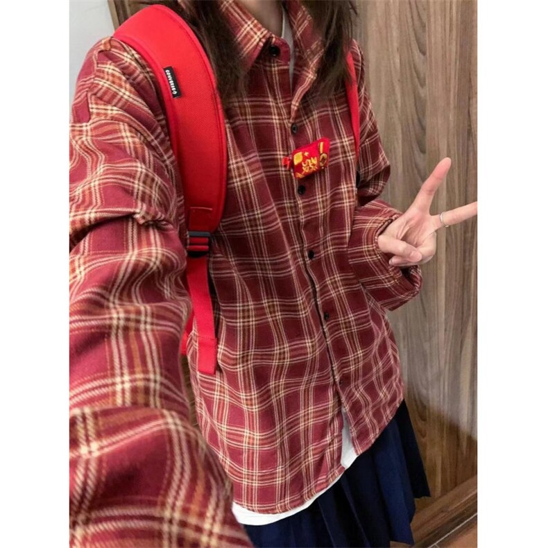格子磨毛衬衫宽松长袖外套休闲2025新款设计复古上衣时尚衬衣图片