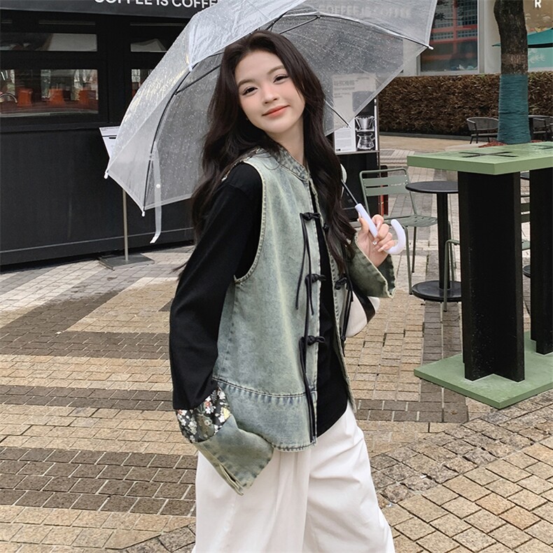 国风盘扣新中式牛仔马甲女2025春新款气质复古衬衫马夹,女装短外套,浙宝220