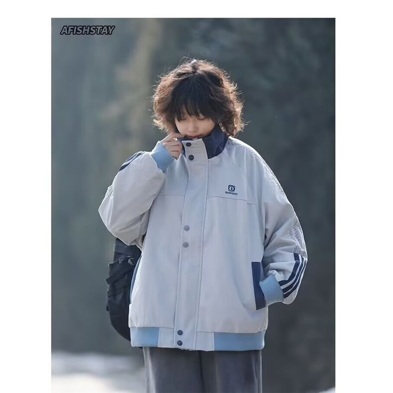 网图潮流春秋日系复古拼接立领夹克男女款宽松潮牌棒球服外套,男装夹克,星座410-6（原星座1304-1）