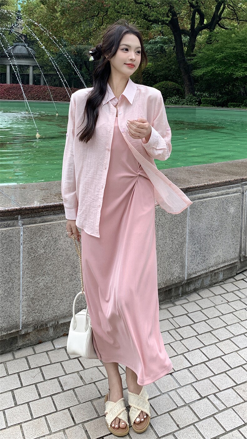 长袖衬衫针织吊带连衣裙女夏两件套2024新韩版时尚圆领套头长裙子,女装套装/套裙,鑫慧