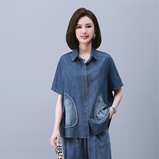 2023夏季新款时尚气质翻领显瘦休闲舒适牛仔上衣，女装衬衫，独衣靓
