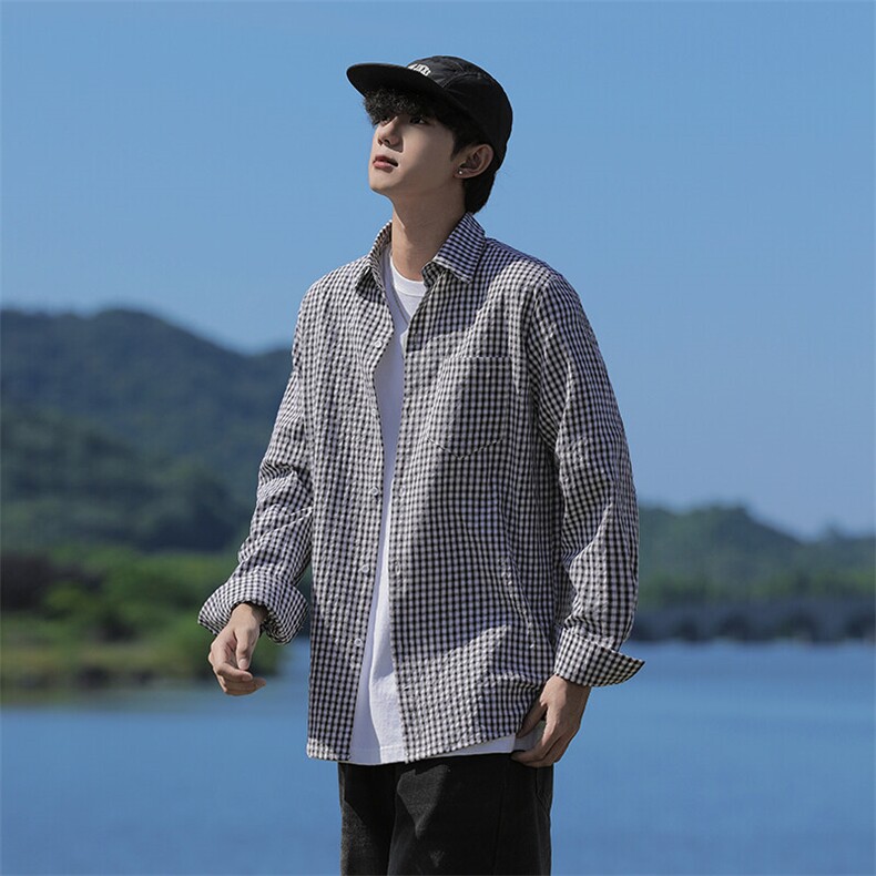 春装小格子长袖衬衫男宽松休闲大码衬衣 C507P35图片