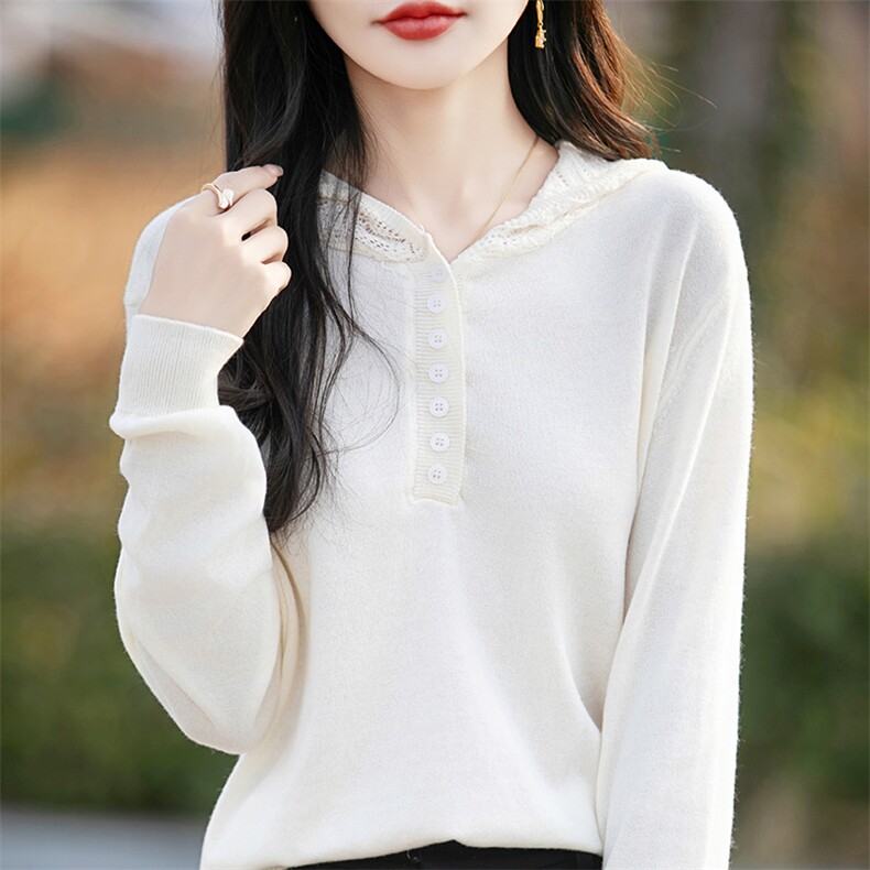 2025新款精纺细毛连帽针织卫衣女宽松休闲长袖打底保暖帽衫毛衣，女装针织衫/毛衣，佰米娇羊绒