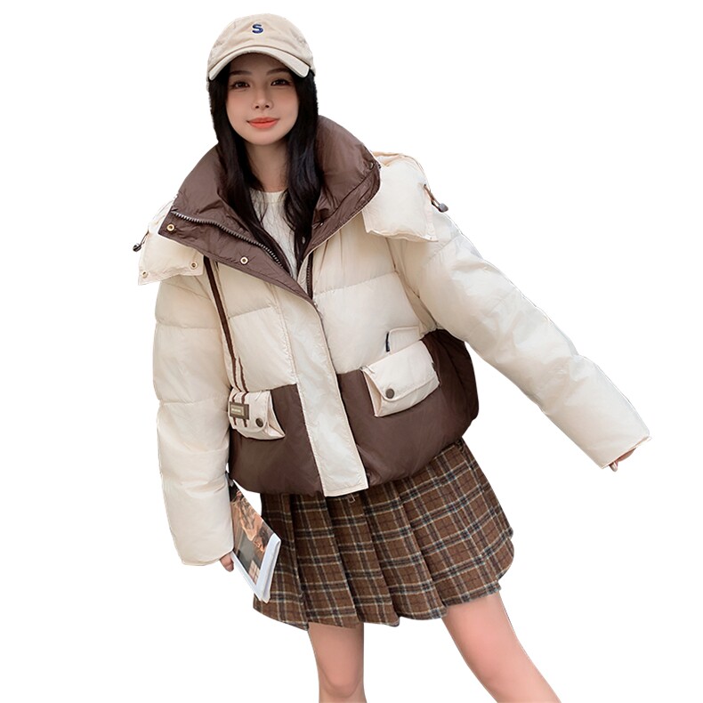 连帽撞色拼接时尚连帽羽绒服2024年冬季,女装羽绒服,微微衣阁