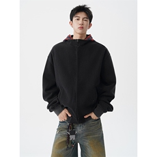 美式做旧假两件连帽卫衣男秋季潮牌拉链拼接格子开衫外套WY20P78，女装短外套，电商D206-1