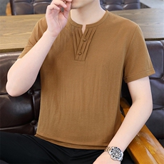 2025夏季棉麻透气清凉男士风盘扣短袖休闲T恤上衣XF9801-P50，男装T恤，星座1105-3