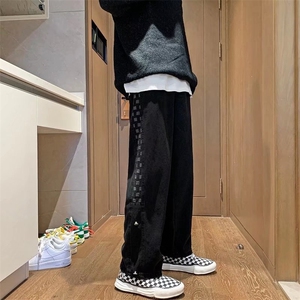 格子牛仔裤男新款潮牌高街老爹裤子秋冬宽松直筒阔腿裤GN379-P40图片
