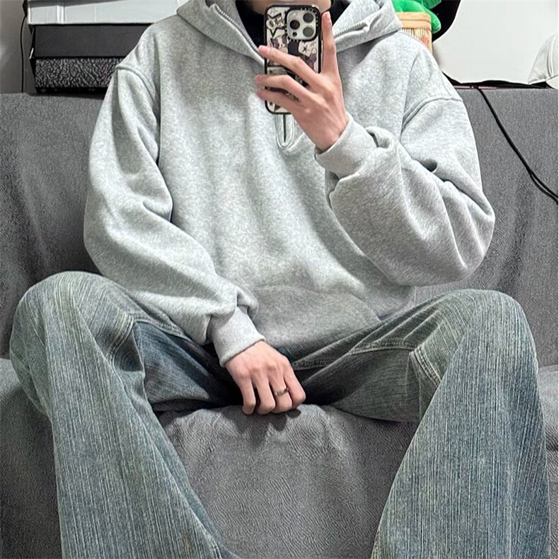 抖音得物高品质二开25秋冬美式重磅宽松纯色连帽拉链高领卫衣W65,男装卫衣,电商A486-1