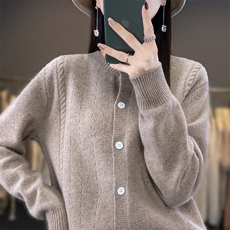 拼色假两件100%纯羊毛开衫女圆领长袖针织外套毛衣宽松羊绒衫上衣,女装羊毛衫,宋氏羊绒