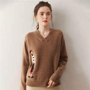 新款提花设计v领针织开衫时尚百搭套头，女装针织衫/毛衣，广悦羊绒