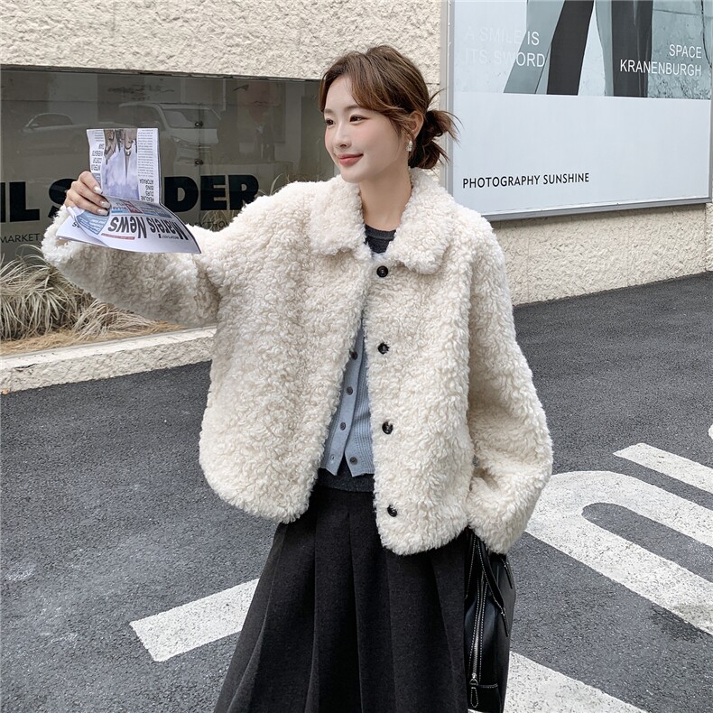 韩版宽松显瘦百搭加厚保暖羊羔毛外套女秋冬新款翻领皮毛一体大衣，女装棉衣/棉服，维壹