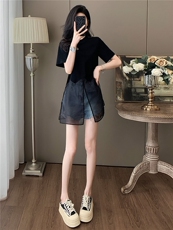 设计感小众时尚气质套装女夏新款圆领网纱拼接上衣牛仔短裤两件套，女装套装/套裙，江南