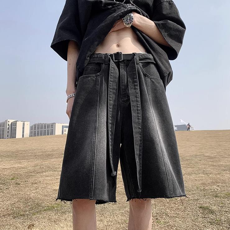 做旧水洗毛边牛仔短裤男夏季美式复古炸街痞帅高街宽松阔腿五分裤图片