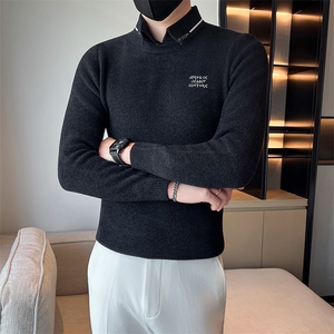 店主风小伙秋冬男修身衬衫领假二件针织毛衣301A-1/M66/P75控95图片