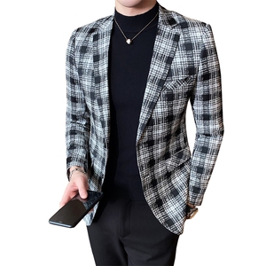 2021春新款西装 男士黑白格子西装商务休闲西服西外套806-图片
