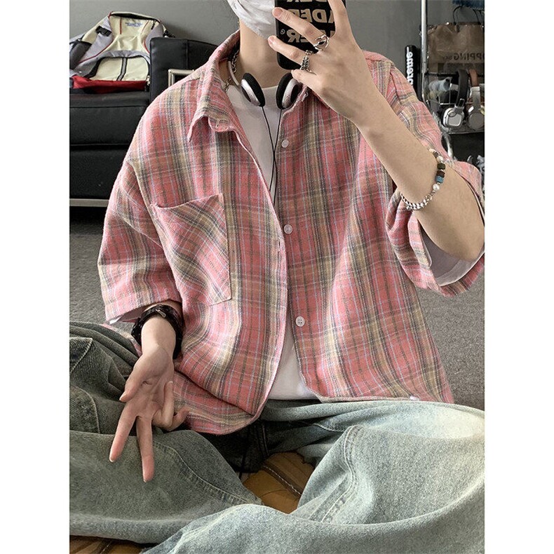 GENIOLAMODE情侣格子衬衫短袖夏季男士复古冰丝宽松衬衣外套高街,男装T恤,电商A157B