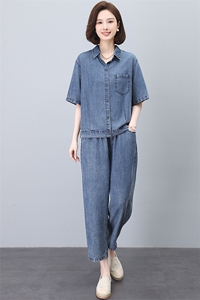 时尚薄款牛仔套装女夏季2025新款宽松休闲中年妈妈洋气减龄两件套图片