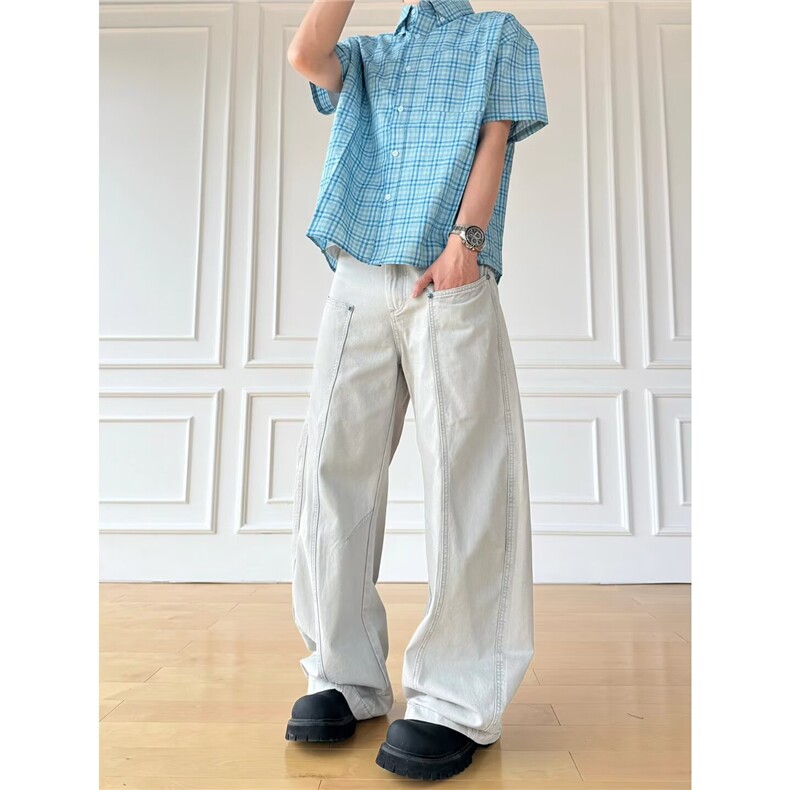 流行美式高街青年秋季2025新款绿松石撞钉装饰拼接解构弯刀牛仔裤，男装牛仔裤，星座506A