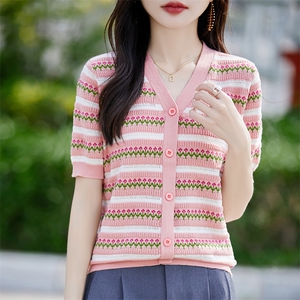纯棉线条纹提花针织短袖开衫女T恤2025夏薄宽松舒适洋气百搭上衣图片